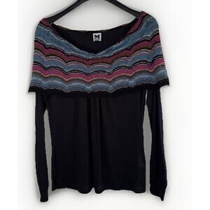 M Missoni Black Pink Blue Knit Off Shoulder Long Sleeve Preppy Old Money Lux M